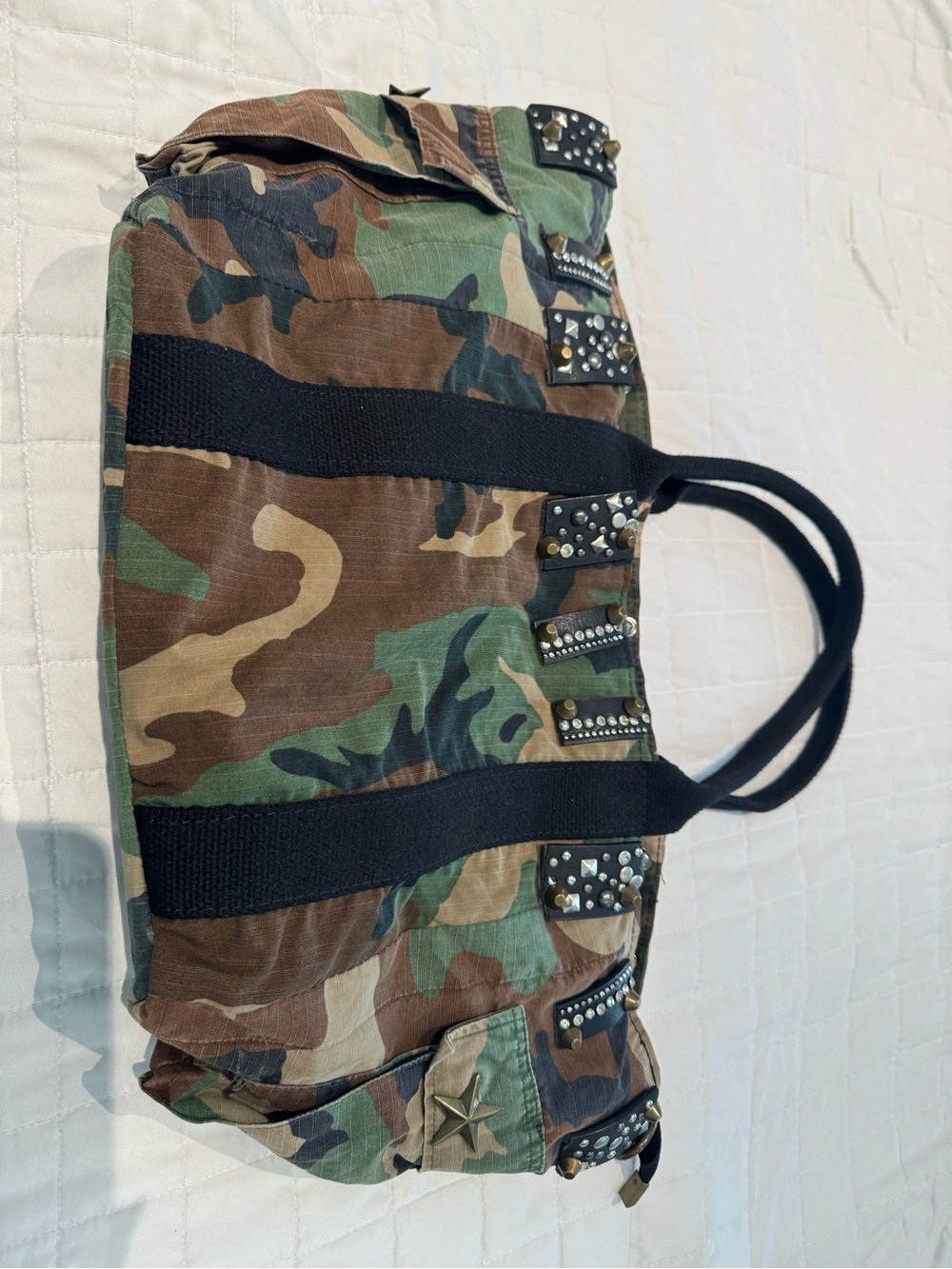 Free People Camouflage Canvas Tote with Studded Trim and Black Handles - Picture 6 of 7